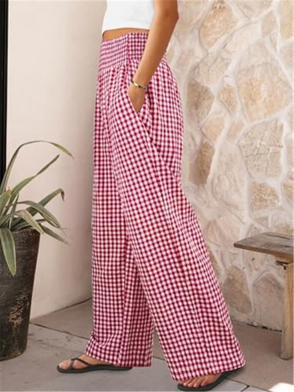 Women's Red Palazzo Pants, Striped & Gingham, Lounge & Casual, Lounge Pants - Picture 8 of 11